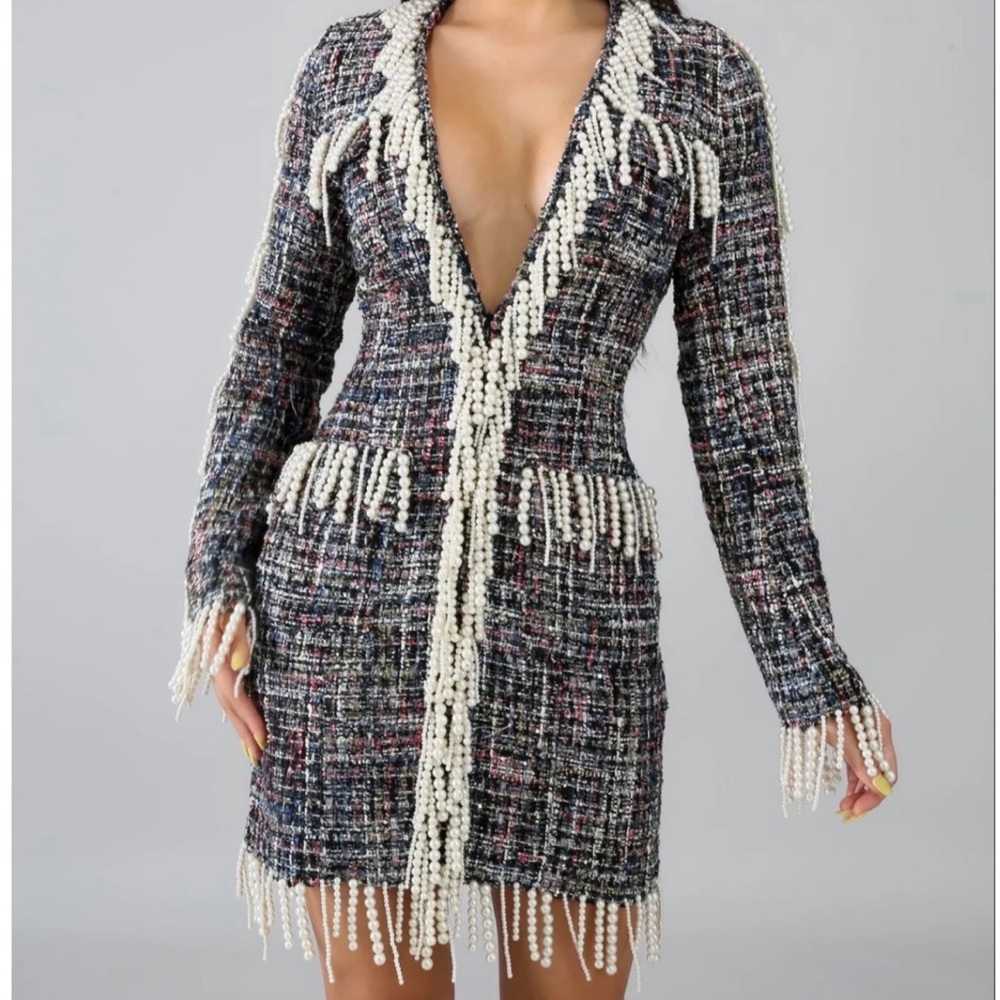 Elegant Tweed Dress with Pearl Detailing